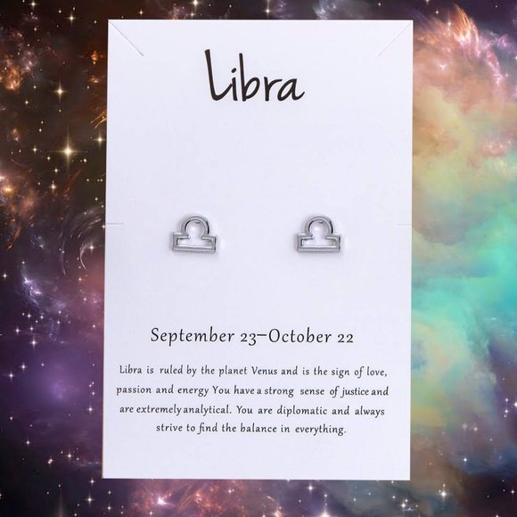 LIBRA  Zodiac Silvertone Stud Earrings on Card NEW! 1120x2 - Picture 1 of 3